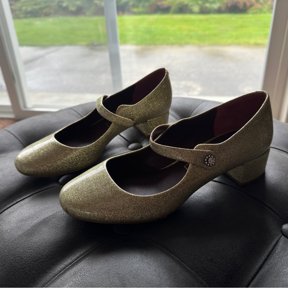 MARC JACOBS Gold Glitter Crystal Embellished Mary Janes - Size 37